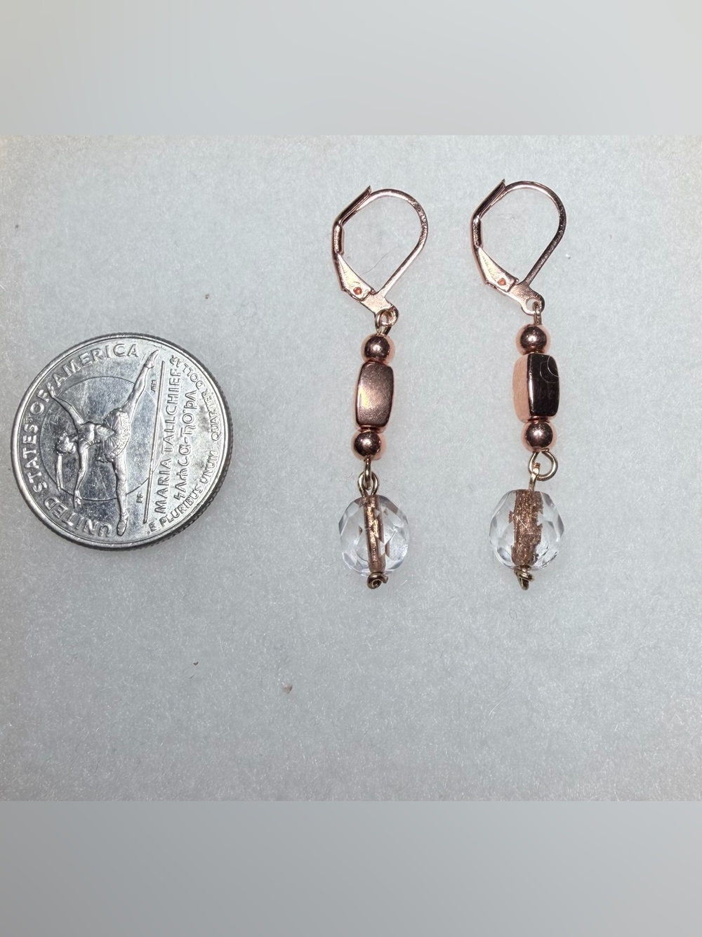 Handmade Rose Gold Drop Earrings with Clear Crystal Beads